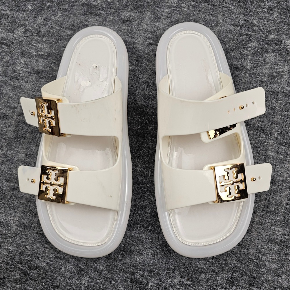 Tory Burch Buckle Bubble Jelly Slide Sandals Gold Logo New Ivory 8M - Picture 4 of 11